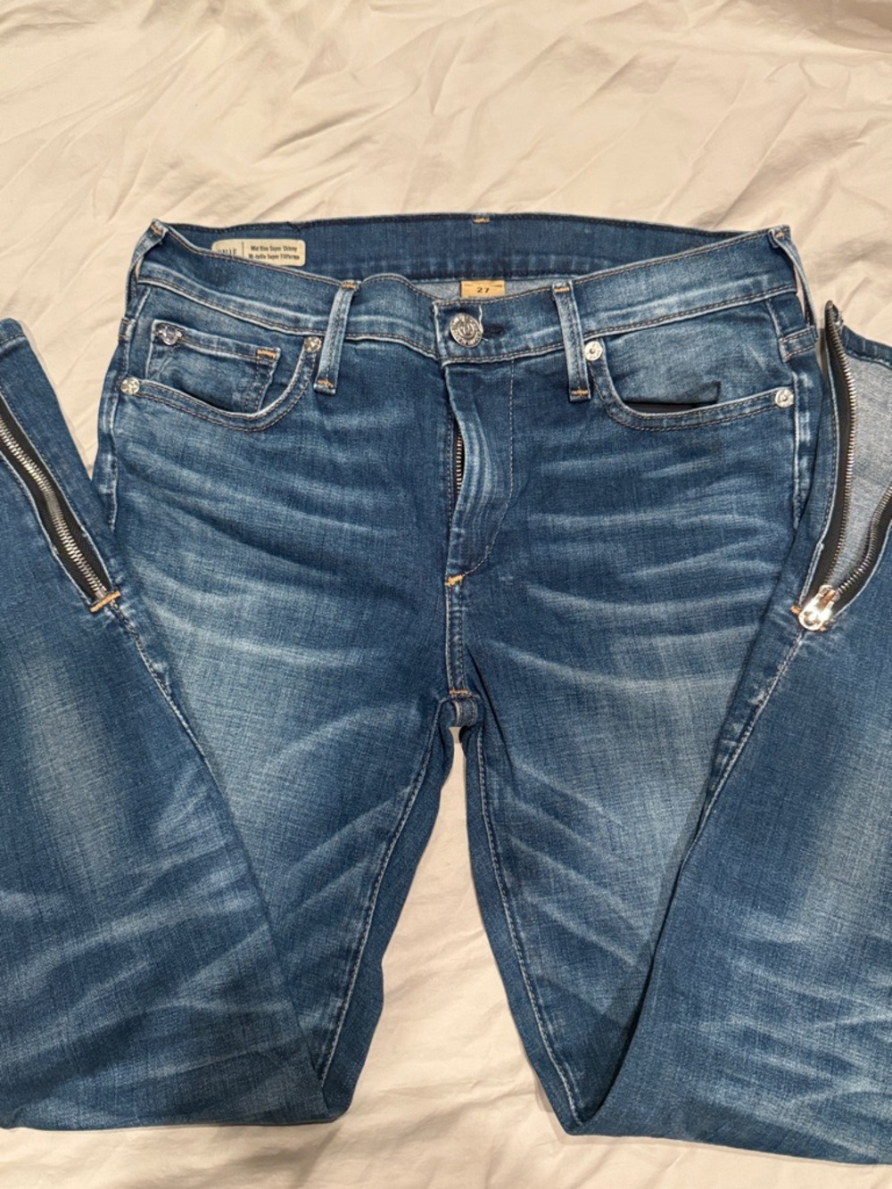 True Religion Women's Skinny Jeans in Mid Blue with Ankle Zips